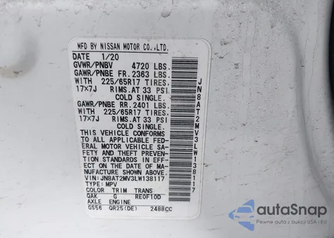 2020 Nissan Rogue Sv Intelligent Awd z USA, uszkodzony, nr VIN JN8AT2MV3LW138117